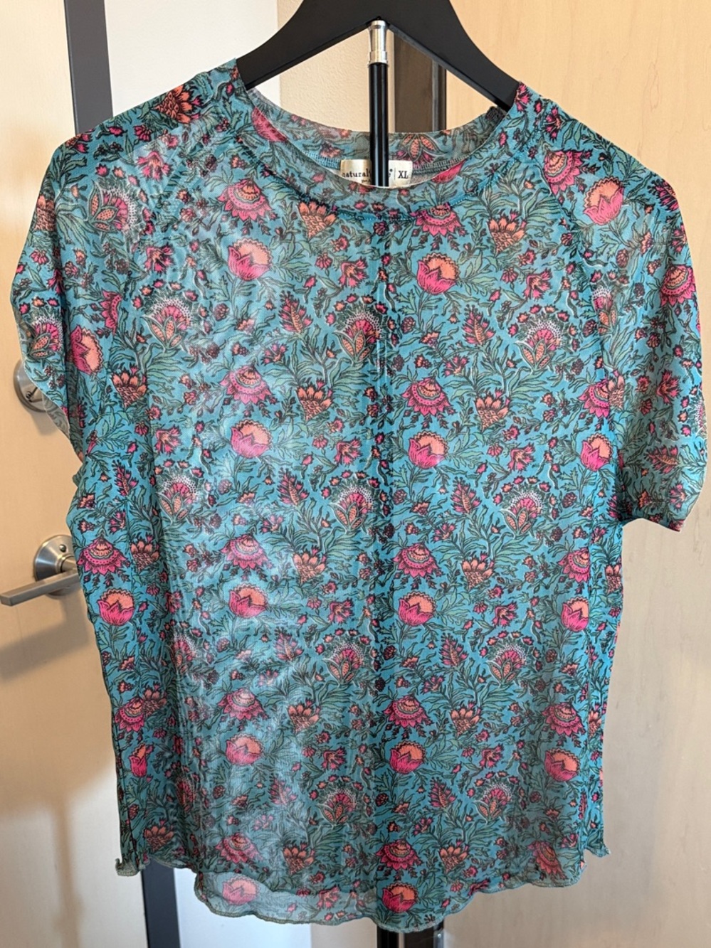 NATURAL LIFE Teal Floral Short Sleeve Tee with Pink Accents